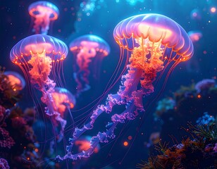 Luminescent jellyfish swimming amidst colorful coral