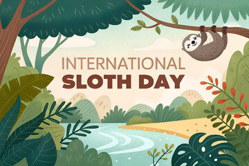 Celebrate International Sloth Day with a playful forest illustration. A hanging sloth, lush greenery, and bold text promote awareness and habitat appreciation. generative ai