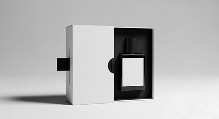 Minimalist white packaging box with a black perfume bottle and white label, presented on a clean background.