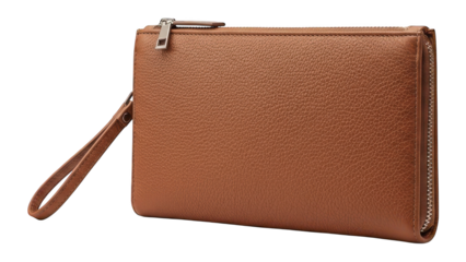 Brown leather clutch bag with a zipper and wrist strap.