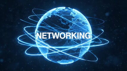 A glowing blue digital Earth with orbiting light trails and the word networking symbolizing global communication and technology concepts - Powered by Adobe