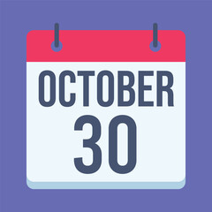 30 October Calendar. Blue Background. Isolated Vector Calendar.
