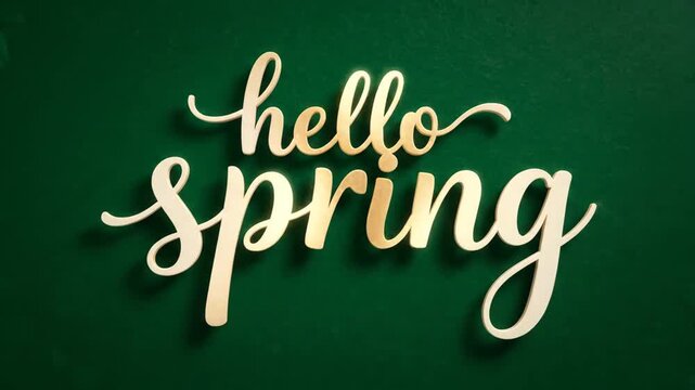 Hello spring wooden lettering appearing on a green background with green leaves arriving for seasonal promotion video