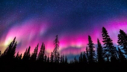 pink aurora borealis over silhouetted pines