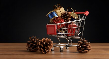 Shopping cart filled with christmas gifts and pine cones on a wooden surface