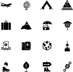 A collection of travel and adventure icons in black silhouette against a white background displaying items
