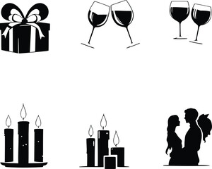 A black and white vector graphic with a gift box, wine glasses, candles, and a couple embracing each other
