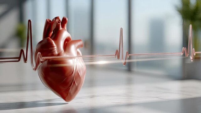 Heart model visualizes life signs with heartbeat monitor in modern health facility environment during daylight hours