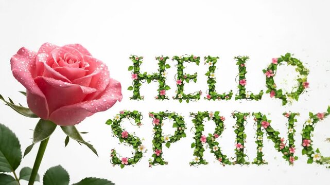 Dewy pink rose with animated foliage text revealing Hello Spring for seasonal greetings or holiday promotion footage
