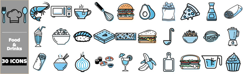 A collection of 30 food and drink icons featuring various culinary items, kitchen tools, and beverages in a flat design style.
