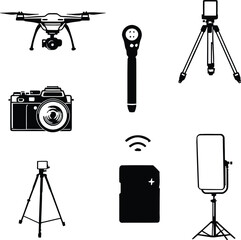 A collection of photography equipment including a drone camera tripods and a light all in black and white