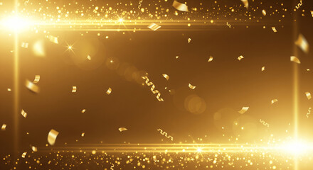 Elegant golden celebration background featuring bright luminous flares and sparkling falling confetti, perfect for festive events, luxurious promotions, and grand announcements