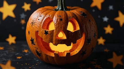 Cheerful carved Halloween pumpkin with glowing face and star decorations on a dark background