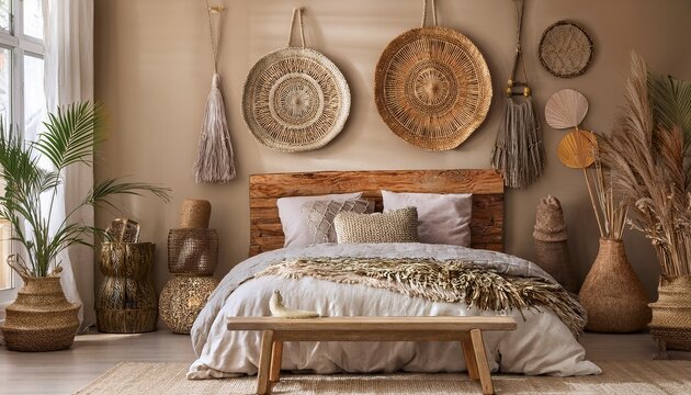 modern bohemian bedroom wooden wall decor