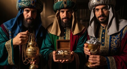 Three Wise Men with Gifts — Gold, Frankincense, and Myrrh Representing the Magi at Epiphany