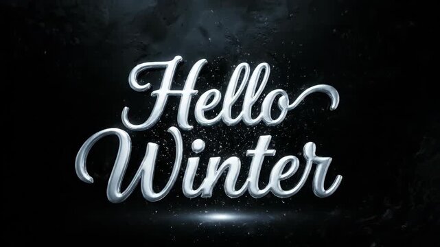 Hello winter 3d text appearing with glow and falling snow effect on dark background. Seasonal greeting animation.