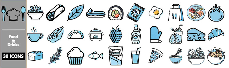A collection of 30 food and drink icons presented in a modern line art style with blue color accents, isolated on a white background.