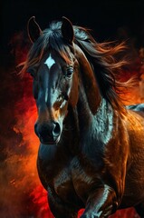 Majestic horse portrait with flowing mane against a fiery background, showcasing strength and beauty
