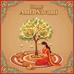 Woman praying at decorated amla tree with offerings for Amla Navami festival image