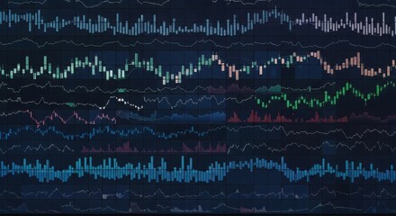 Abstract display of financial market data with colorful lines and graphs, representing stock trends and economic analysis