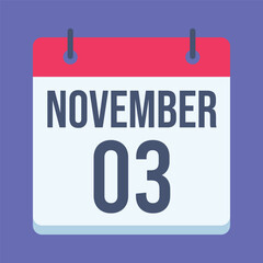 3 November Calendar. Blue Background. Isolated Vector Calendar.
