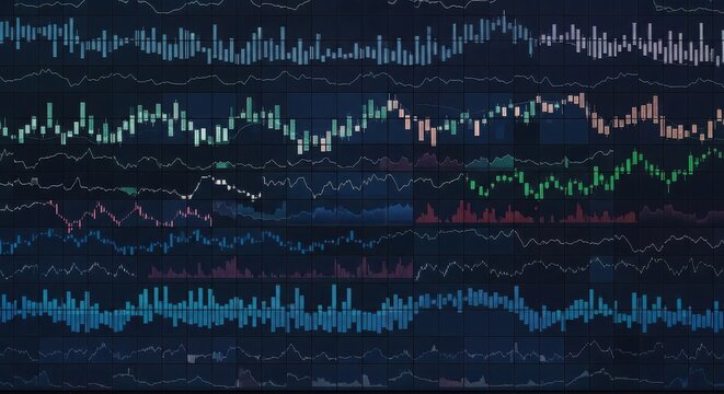 Abstract display of financial market data with colorful lines and graphs, representing stock trends and economic analysis