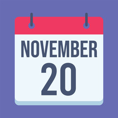 20 November Universal Children’s Day Calendar. Blue Background. Isolated Vector Calendar.