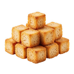 Stack of golden brown toasted bread cubes against a croutons