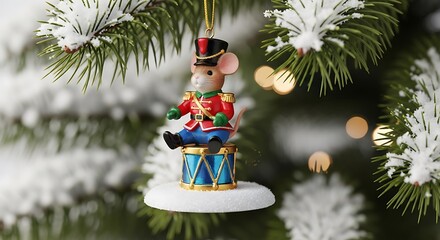 Mouse soldier ornament sits atop a drum on a snowcovered christmas tree branch