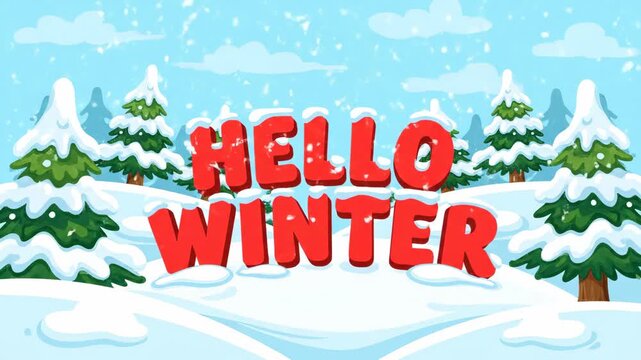 Animated greeting for winter with text gradually changing to hello winter during snowfall in a snowy forest scene footage