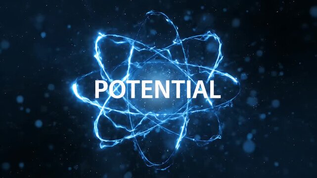 A glowing blue atomic symbol with orbiting electrons visually represents the concept of untapped potential and future energy.
