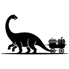 Whimsical silhouette illustration of a majestic, long-necked dinosaur pulling a small wagon overflowing with autumn pumpkins and a delicious harvest pie, celebrating seasonal joy