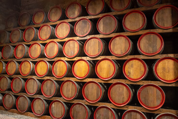 Visit of wine cellar with old large oak barrels, production of fortified dry or sweet tasty marsala wine in Marsala, Sicily, Italy