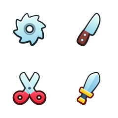 Cutting icon set. Isolated vector illustration of mobile game sprites. Design for stickers, logo, mobile app. Arcade or match 3 2d graphics game asset. Flat 3d item sprites sheet.