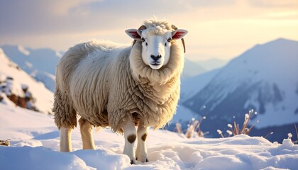 Majestic Sheep in Snowy Mountains - A Winter Wonderland Portrait.