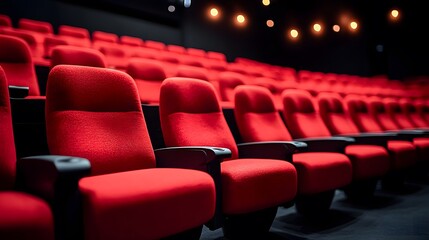 Obraz premium Bright red seating in a modern theater before a film screening at night