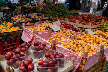 Vegetables and fruits on daily food market in old part of Palermo, local production, farming on Sicily, Italy