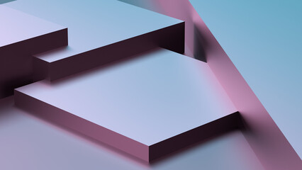 Abstract geometric shapes in metallic with reflections, square straight figures, three-dimensional with shadows and reflections. Futuristic minimalist background, wallpaper. 3D render