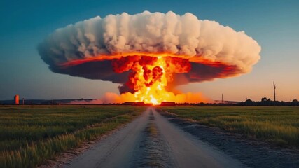 A nuclear explosion with a mushroom cloud over a field with a dirt road in the foreground - Powered by Adobe