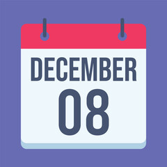 8 December Calendar. Blue Background. Isolated Vector Calendar.