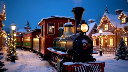 Retro christmas train moving past snow-covered village houses illuminated by warm lights at night, holiday season footage.