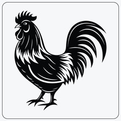 Stylized rooster illustration. Black and white cockerel graphic. Farm animal symbol for a logo, breakfast, or the Chinese zodiac.