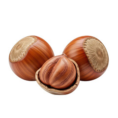 Three whole hazelnuts and one cracked open showing the kernel against a food ingredient