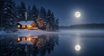 Cozy cabin by a moonlit lake in a snowy forest