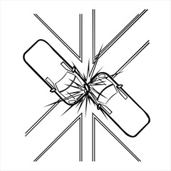 Overhead line art illustration of a serious two-car traffic accident at a city intersection with impact explosion.