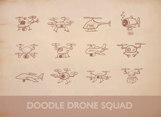 Childlike rough vector doodles of various drones on vintage background. Delivery, underwater, quadcopter, helicopter, airplane, and spy drones