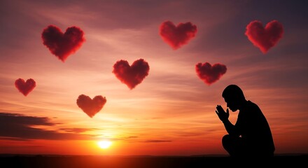 Silhouette of a woman holding a red heart balloon against a romantic sunset sky