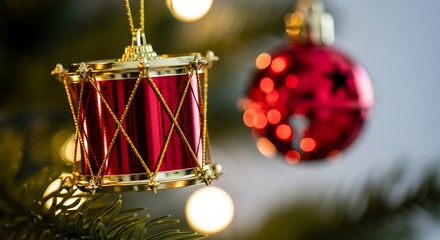 Festive christmas tree adorned with a red drum ornament and a red ball ornament
