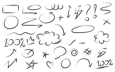 Black Marker Doodle Set, Scribble Arrows and Lines, Sketch Highlight Collection