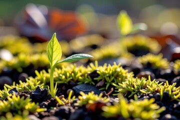 A delicate green sprout pushes through damp, mossy earth, reaching for sunlight, background, botanical